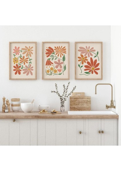 3'lü Ahşap Bohem Çiçekli Tablo, Kahverengi, Şık ve Doğal Dekor Seçeneği