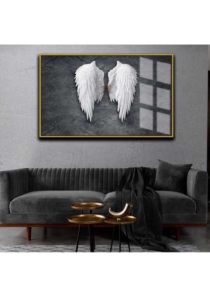 Beyaz Kanatlar Antrasit Gri Çerçeveli Cam Tablo Yatay, Şık ve Zarif Dekorasyon Parçası