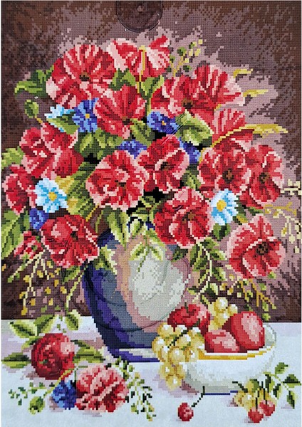Goblen Etamin Işleme Seti 40X50 cm Kırmızı Çiçekler Deseni