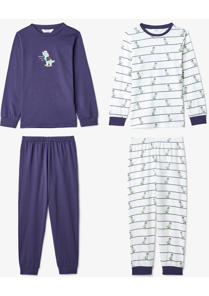 Erkek Çocuk Dino Farm Çizgili Pamuklu Uzun Kollu 2'li Pijama Takımı