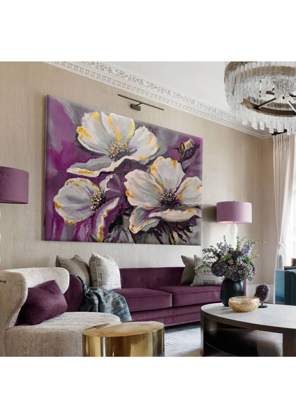 Pembe-Gri Altın Detaylı Çiçek Yatay Kanvas Tablo, Şık ve Modern Dekorasyon Için Ideal