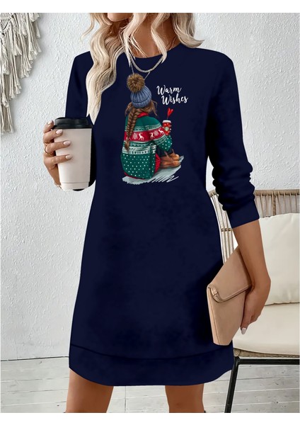 Mottisfashion Kadın Uzun Kollu Bisiklet Yaka Desenli Viskon Iki Iplik Elbise