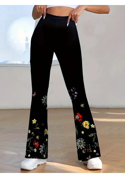 Kadın Yüksek Belli Çiçek Desenli Ispanyol Paçalı Dalgıç Tayt Pantolon modelleri