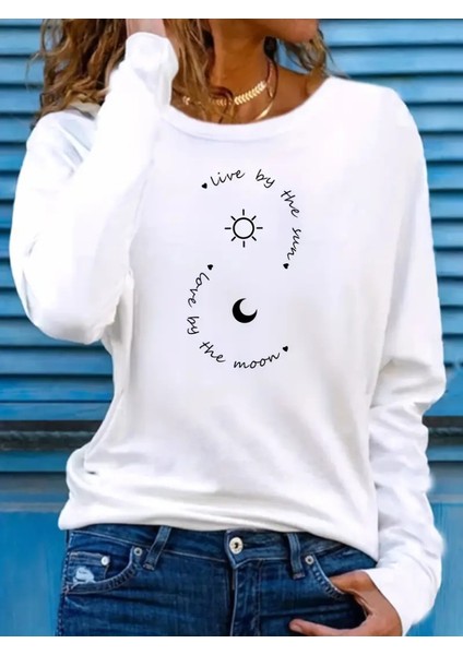 Mottisfashion Kadın Uzun Kollu Bisiklet Yaka Desenli Viskon Bluz
