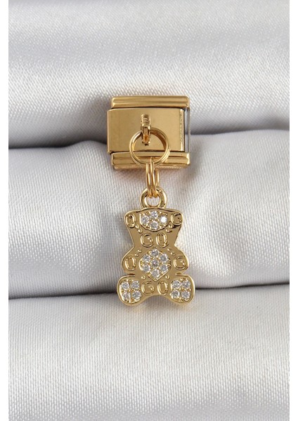 316L Çelik Sallantılı Zirkon Taşlı Ayıcık Model Gold Renk Nomination Charm