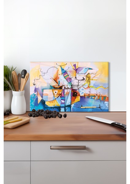 Soyut Renkli Çizim Cam Kesme Tahtası, Silikon Ayaklı, Isıya Kırılmaya Dayanıklı, Sunum Kesim Tablası