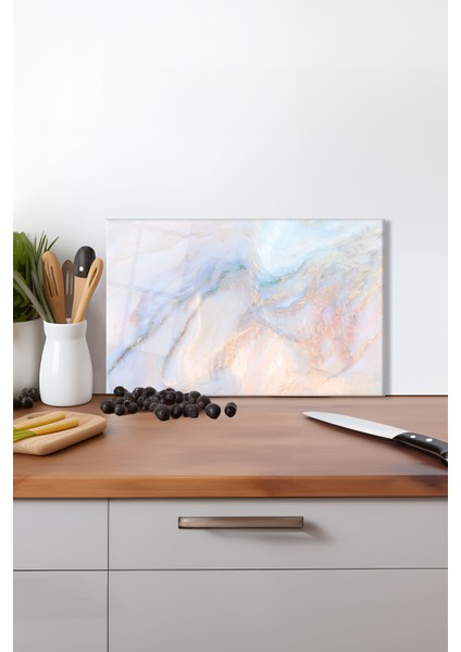 Soyut Mermer Desen Cam Kesme Tahtası, Silikon Ayaklı, Isıya Kırılmaya Dayanıklı Sunum Kesim Tablası