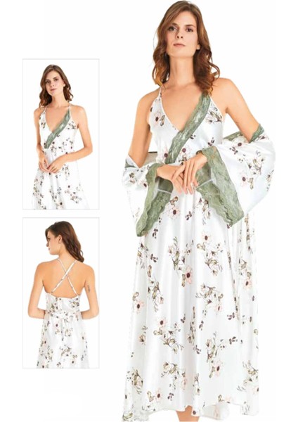 Iç Giyim Moongirl Saten Uzun Ikili Gecelik Takım