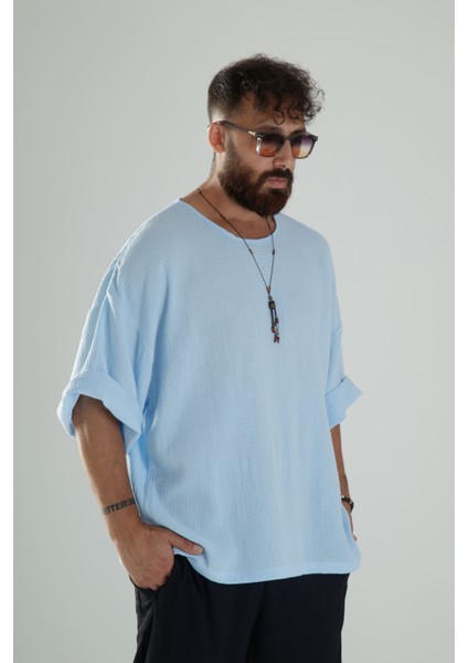 Mavi Müslin Kumaş Oversize Fakir Kol T-Shirt fiyatları