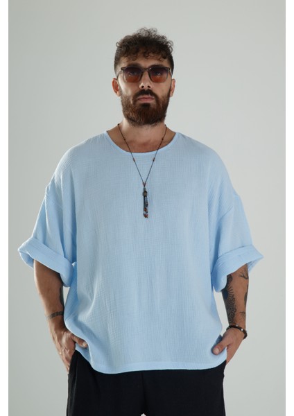 Mavi Müslin Kumaş Oversize Fakir Kol T-Shirt modelleri