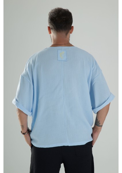 Mavi Müslin Kumaş Oversize Fakir Kol T-Shirt fırsatları