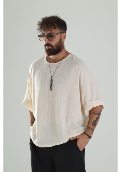 Bej Müslin Kumaş Oversize Fakir Kol T-Shirt fiyatları