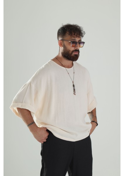 Bej Müslin Kumaş Oversize Fakir Kol T-Shirt modelleri