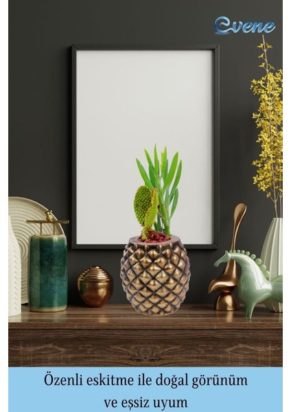 Saksı Çiçek Kaktüs Saksısı Lüx 15 cm Varak Boyalı Ananas Desen Saksı Çiçeklik