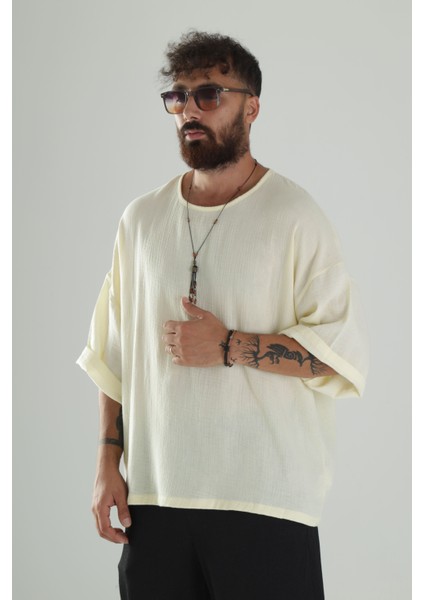 Erkek Sarı Müslin Oversize Fakir Kol T-Shirt COC1102