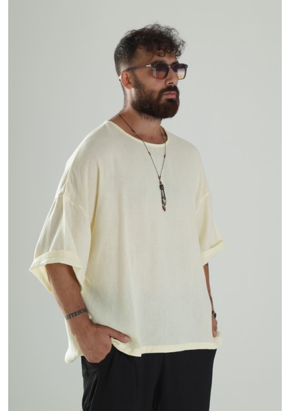 Erkek Sarı Müslin Oversize Fakir Kol T-Shirt COC1102 fiyatları