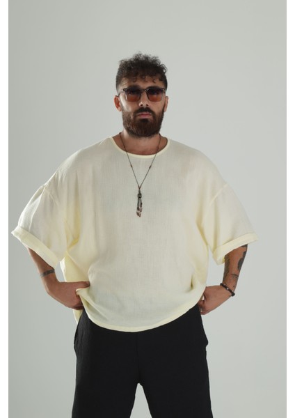 Erkek Sarı Müslin Oversize Fakir Kol T-Shirt COC1102 modelleri