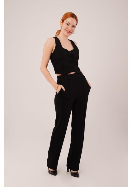Mottisfashion Kalın Askılı Düğmeli Yelek ve Pantolon Siyah Takım