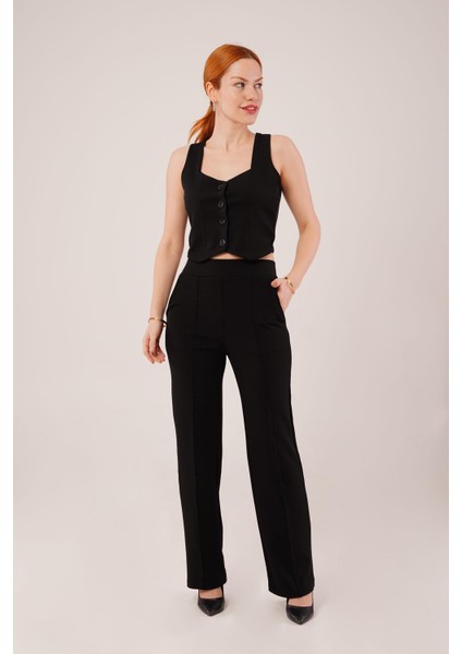 Mottisfashion Kalın Askılı Düğmeli Yelek ve Pantolon Siyah Takım indirimleri