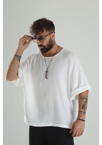 Beyaz Müslin Kumaş Oversize Fakir Kol T-Shirt