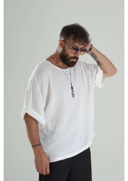 Beyaz Müslin Kumaş Oversize Fakir Kol T-Shirt fiyatları