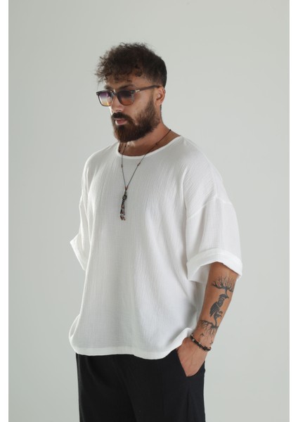 Beyaz Müslin Kumaş Oversize Fakir Kol T-Shirt modelleri