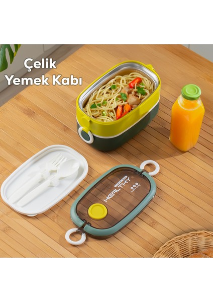 66729-2 Stainless Steel Vakumlu Lunch Box Iki Katlı Paslanmaz Çelik Kolay Kilitlenir Kendinden Kaşıklı Sefer Tası – 1300ML Yeşil-Sarı fiyatları
