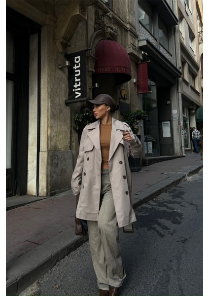 Mottisfashion Trench Kısa Şanel Boy - Taş