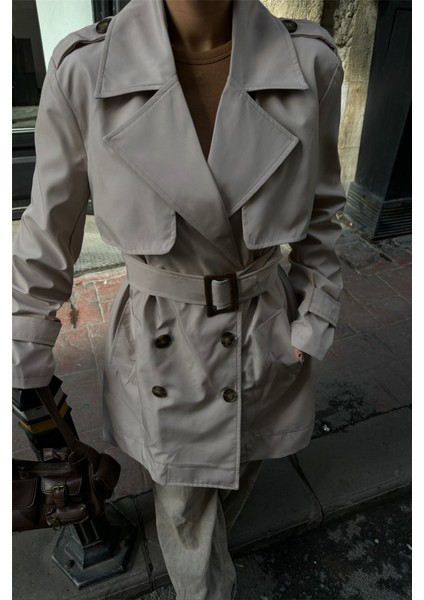 Mottisfashion Trench Kısa Şanel Boy - Taş