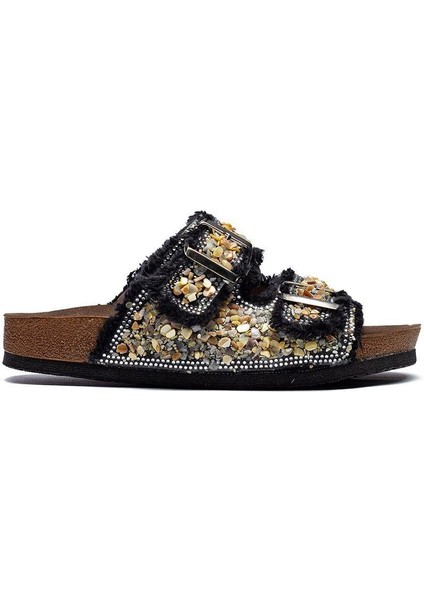 Kadın Çift Tokalı Kot Deri Taşlı Rahat Kalıp Ortopedik Terlik fiyatları