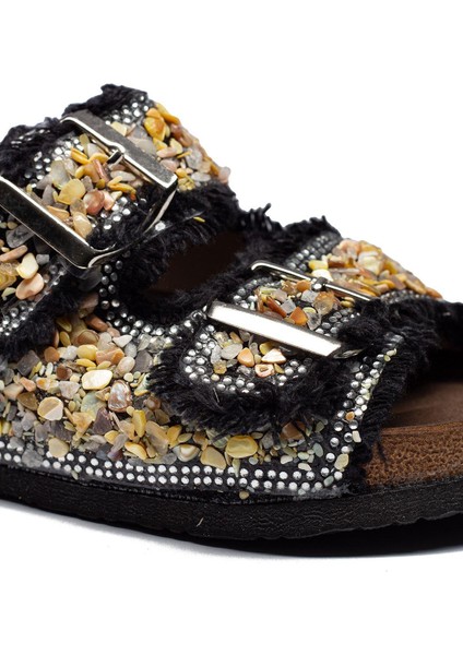 Kadın Çift Tokalı Kot Deri Taşlı Rahat Kalıp Ortopedik Terlik modelleri