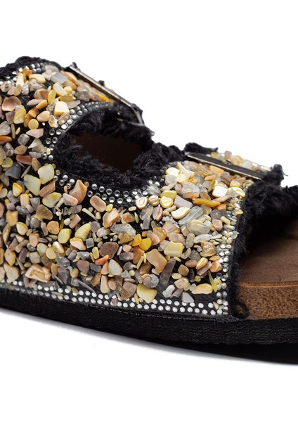 Kadın Çift Tokalı Kot Deri Taşlı Rahat Kalıp Ortopedik Terlik fırsatları