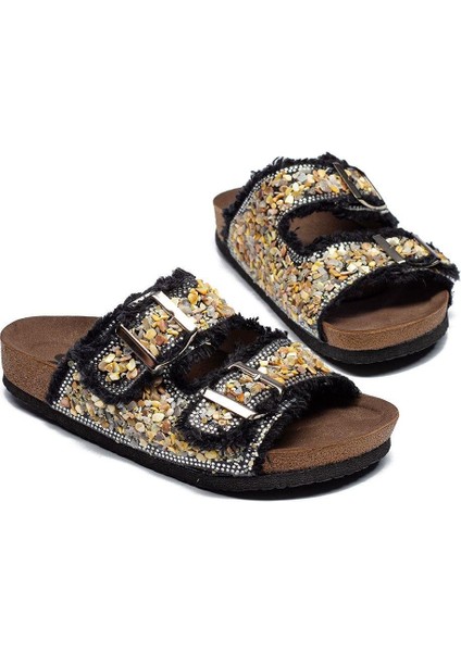 Kadın Çift Tokalı Kot Deri Taşlı Rahat Kalıp Ortopedik Terlik indirimleri