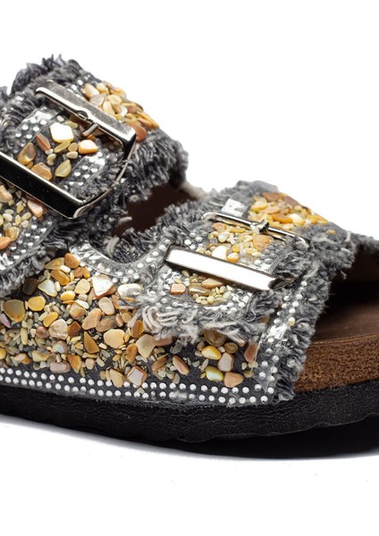 Kadın Çift Tokalı Kot Deri Taşlı Rahat Kalıp Ortopedik Terlik modelleri