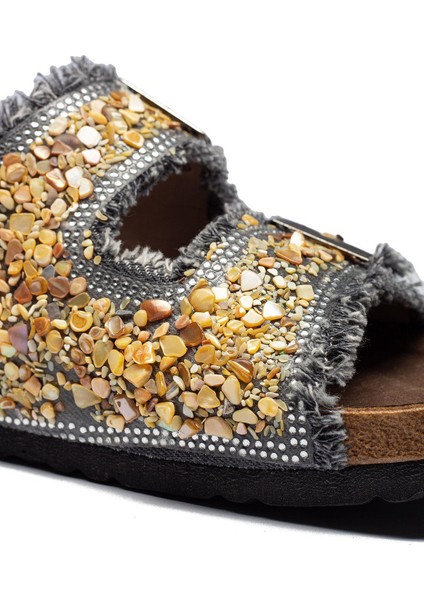 Kadın Çift Tokalı Kot Deri Taşlı Rahat Kalıp Ortopedik Terlik fırsatları