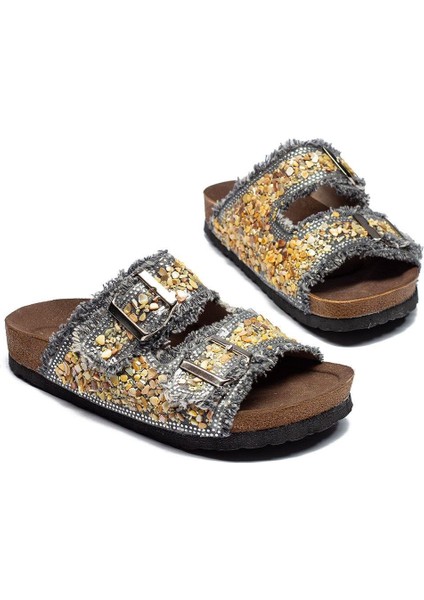 Kadın Çift Tokalı Kot Deri Taşlı Rahat Kalıp Ortopedik Terlik indirimleri