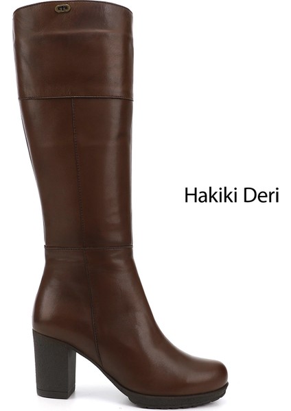 Kadın Kahverengi Fermuarlı Kalın Topuklu Hakiki Deri Çizme