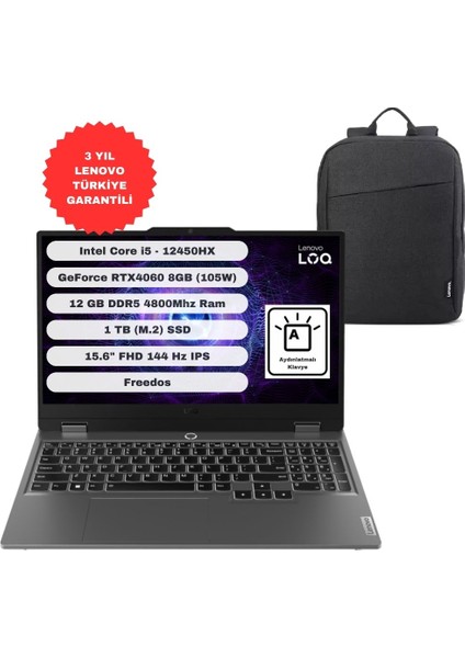 LOQ 15IAX9 GTICNT Intel Core I5 12450HX 12GB 1TB SSD RTX4060 Freedos 15.6” FHD 83GS00PHTR + Çanta Hediyeli