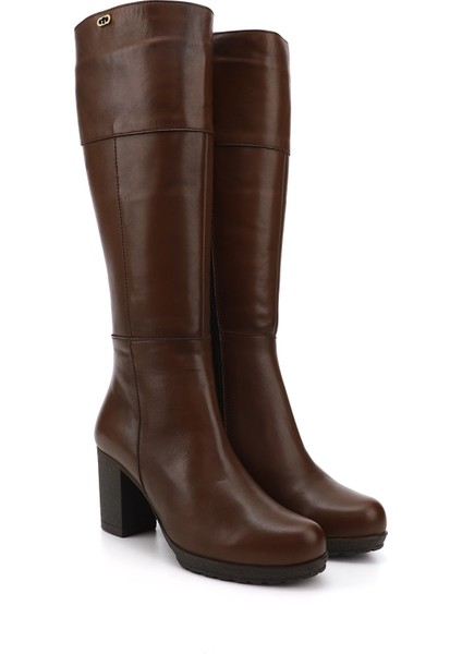 Kadın Kahverengi Fermuarlı Kalın Topuklu Hakiki Deri Çizme modelleri