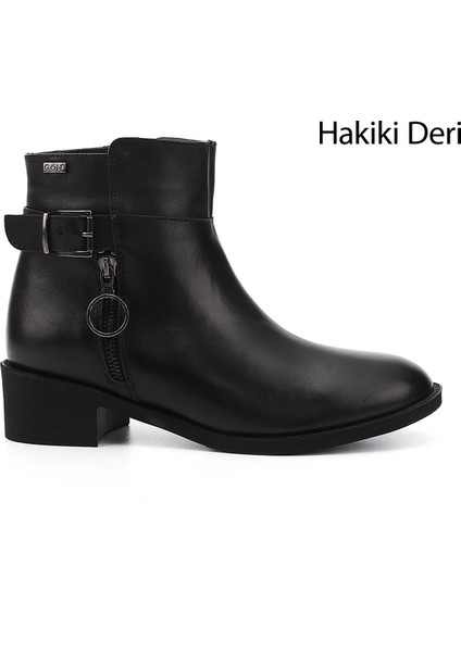 Kadın Siyah Fermuarlı Kalın Topuklu Hakiki Deri Bot