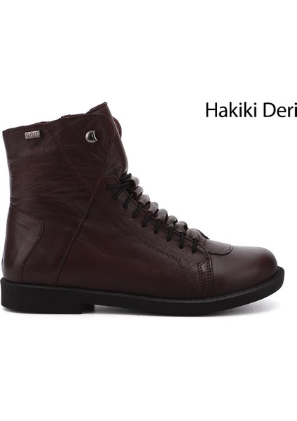 Kadın Bordo Fermuarlı Kauçuk Taban Hakiki Deri Bot