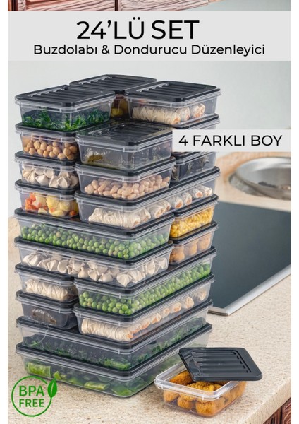 24 Parça Saklama Kabı , Mikrodalga Uyumlu Saklama Kabı 2X2400ML 4X1200ML 6X1170ML 12X600ML Antrasit