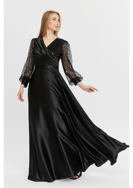 Kadın Abiye ve Mezuniyet Kruvaze Yaka Elbise Saten Kumaş ve Inci Boncuklu Tül Abiye Elbise