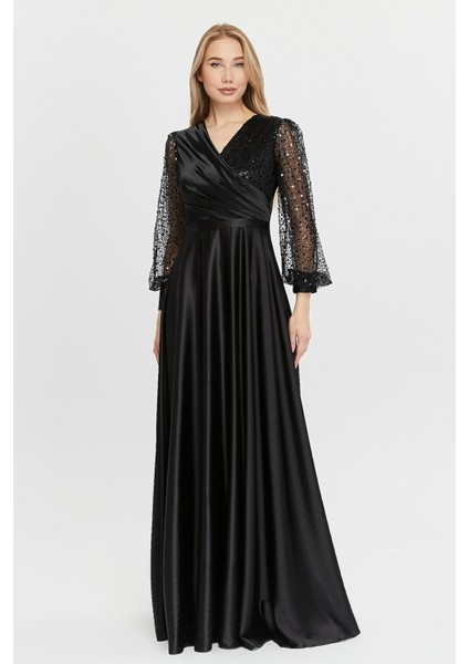 Kadın Abiye ve Mezuniyet Kruvaze Yaka Elbise Saten Kumaş ve Inci Boncuklu Tül Abiye Elbise fiyatları