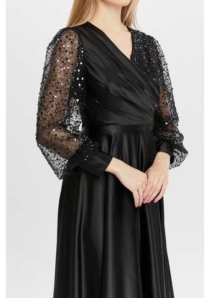 Kadın Abiye ve Mezuniyet Kruvaze Yaka Elbise Saten Kumaş ve Inci Boncuklu Tül Abiye Elbise modelleri