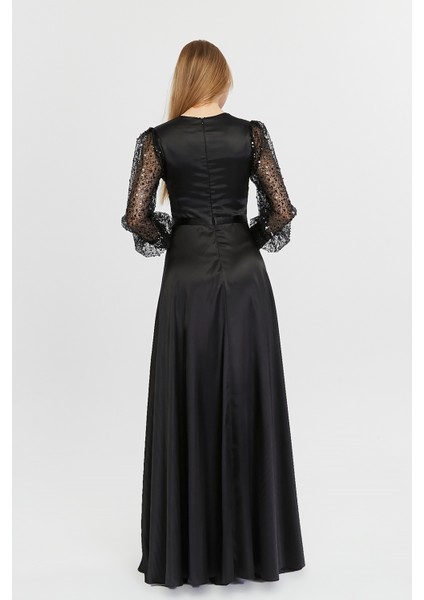 Kadın Abiye ve Mezuniyet Kruvaze Yaka Elbise Saten Kumaş ve Inci Boncuklu Tül Abiye Elbise indirimleri