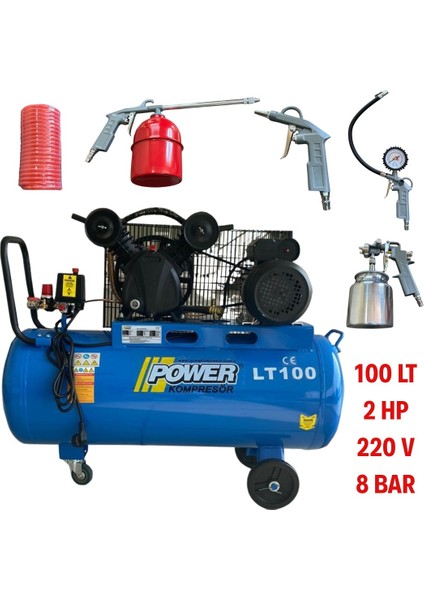 100 Litre. 2 Hp 220 Volt 8 Bar Pistonlu Kompresör 5 Li Hava Setli