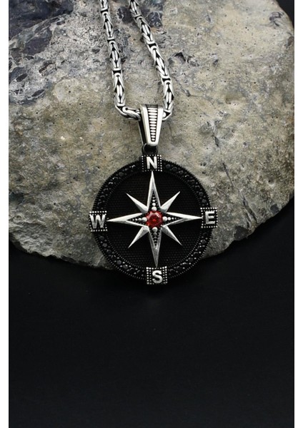 Kutup Yıldızlı Pusula 925 Ayar Gümüş Kolye Kral Zincir 2mm 902157