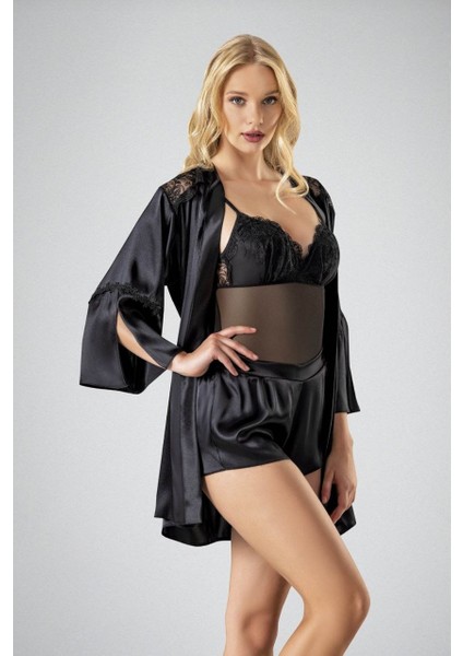 Siyah 3lü Takım Bodysuit ve Şortlu Gecelik modelleri