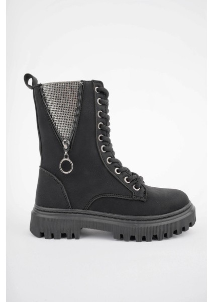 Kız Çocuk Cilt Taş Fermuar Detaylı Fermuarlı Kaymaz Taban Postal Bot